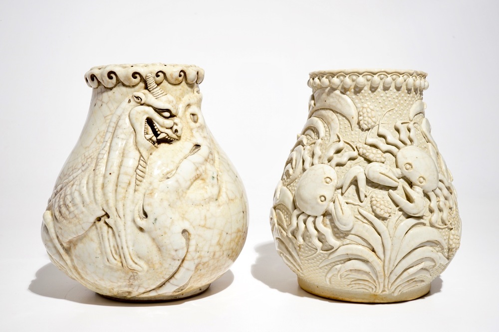 Two Chinese Nanking crackle-glazed hu vases with crabs and mythical beasts, 19th C.